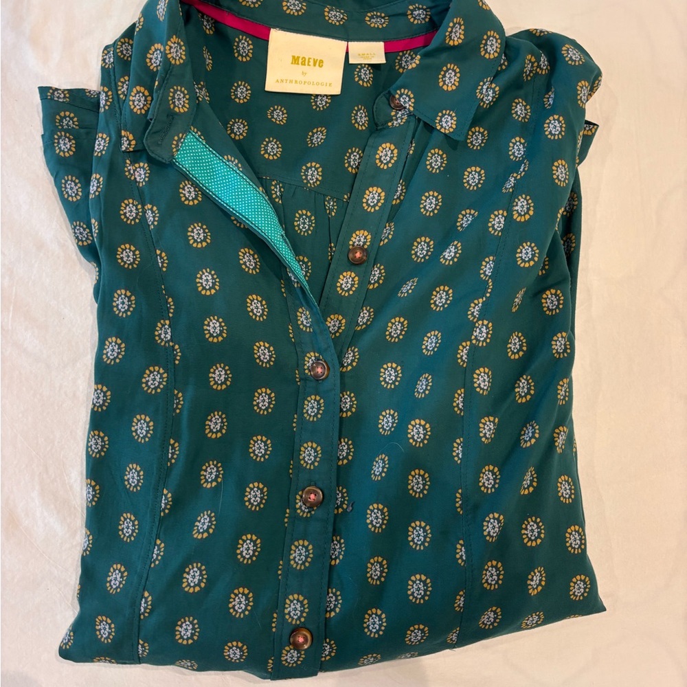 Anthropologie Teal Floral-Medallion Button-Front Blouse